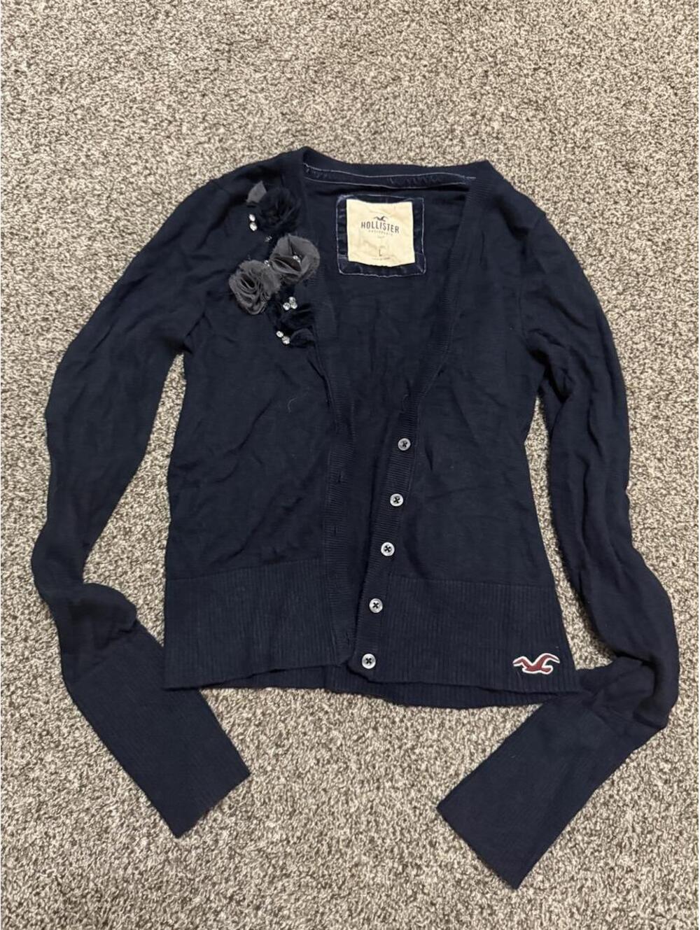 Vintage Hollister Co. Women's Navy and Blue Cardigan